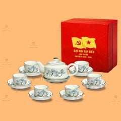 Bộ Ấm Chén Men Kem Vai Vuông Vẽ Sen Xanh